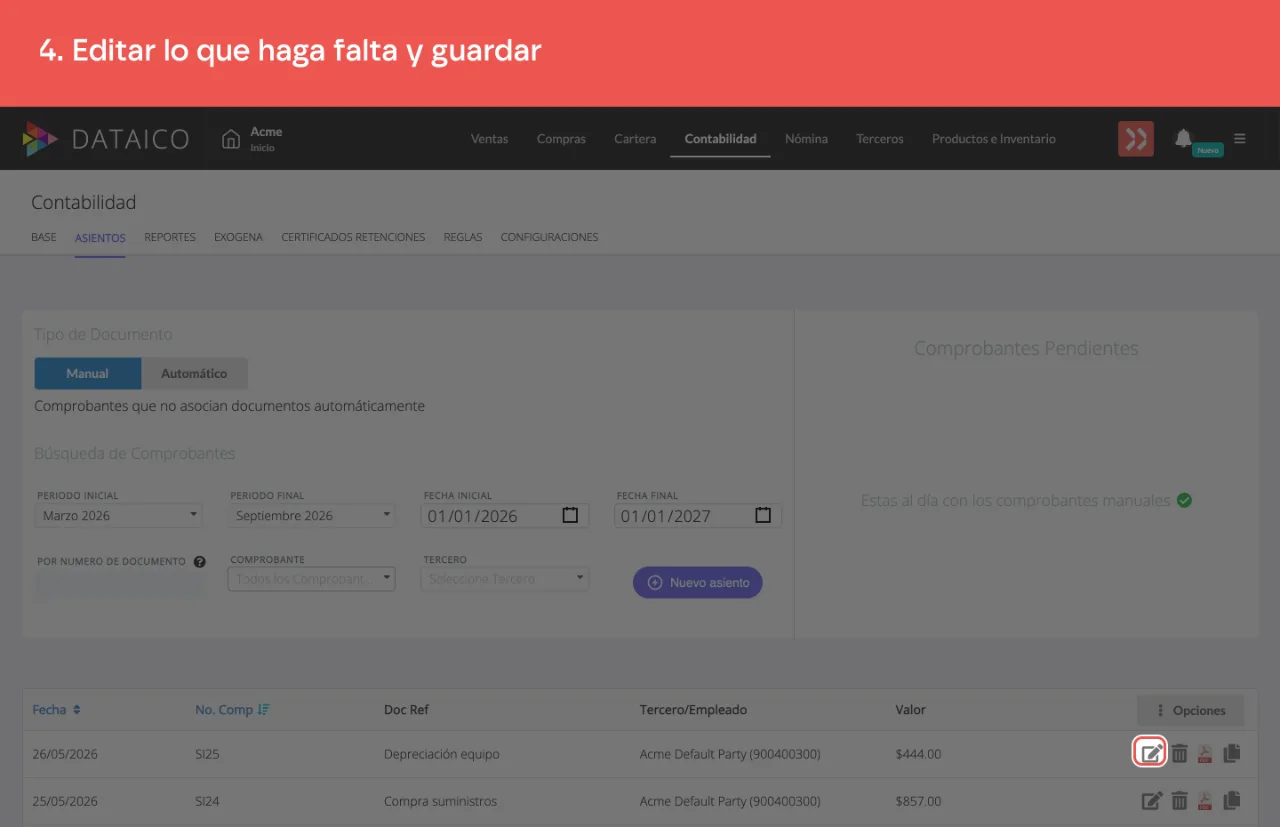 Los íconos de la fila: editar el comprobante original y copiarlo