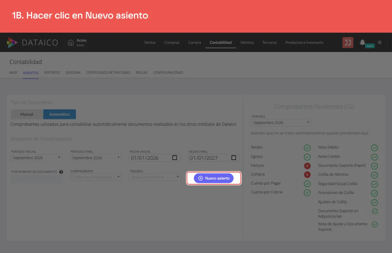 El botón Nuevo asiento, a la derecha de la barra de filtros