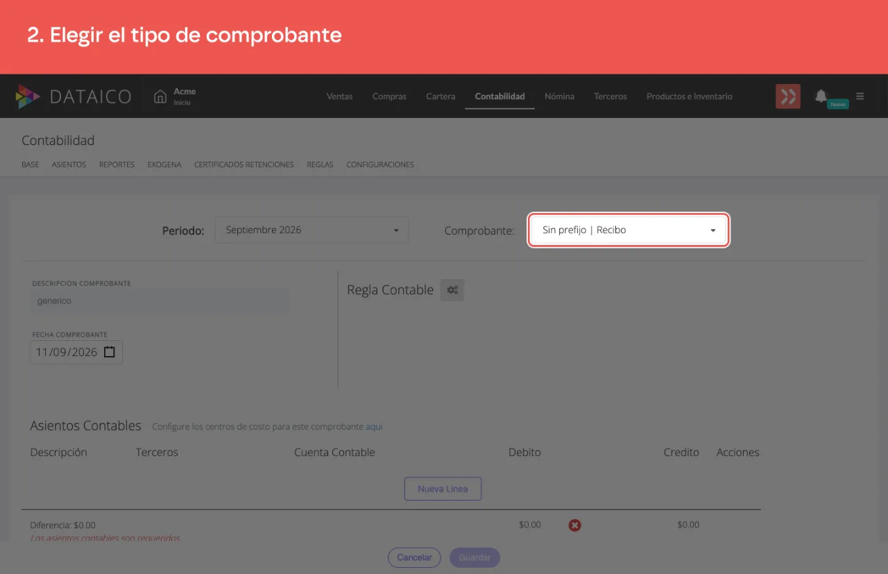 El selector de tipo de comprobante, arriba del formulario del asiento