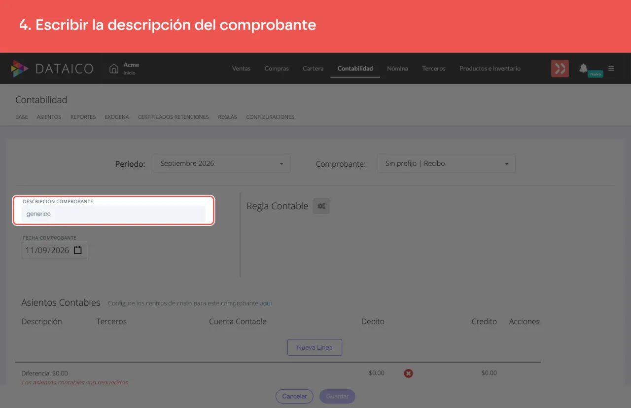 El campo de descripción del comprobante, que identifica el asiento