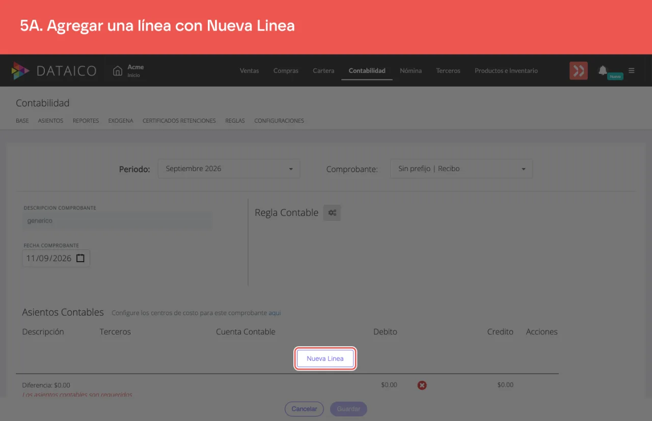 El botón Nueva Linea, debajo de la tabla de asientos contables