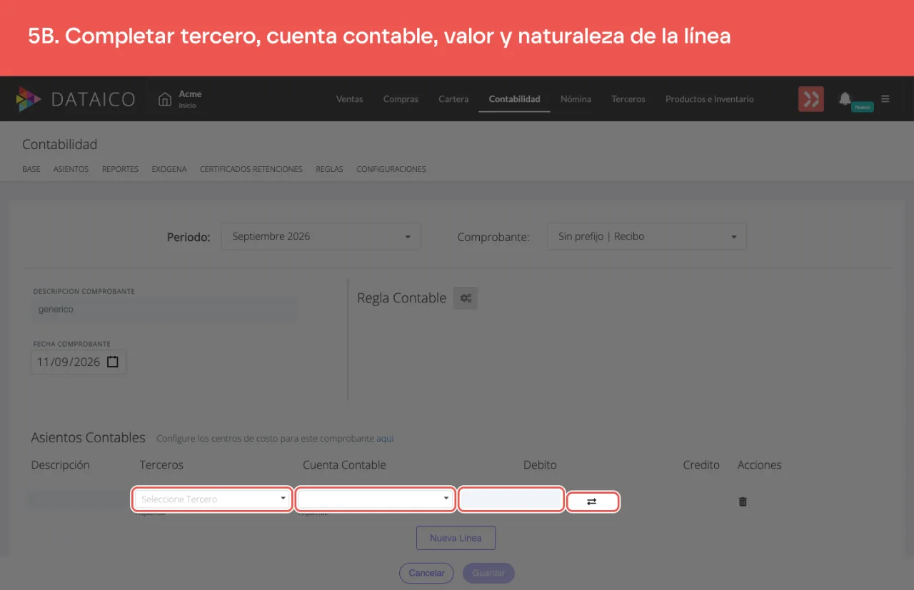 La línea recién agregada: tercero, cuenta contable, valor y el ícono que cambia la naturaleza entre débito y crédito