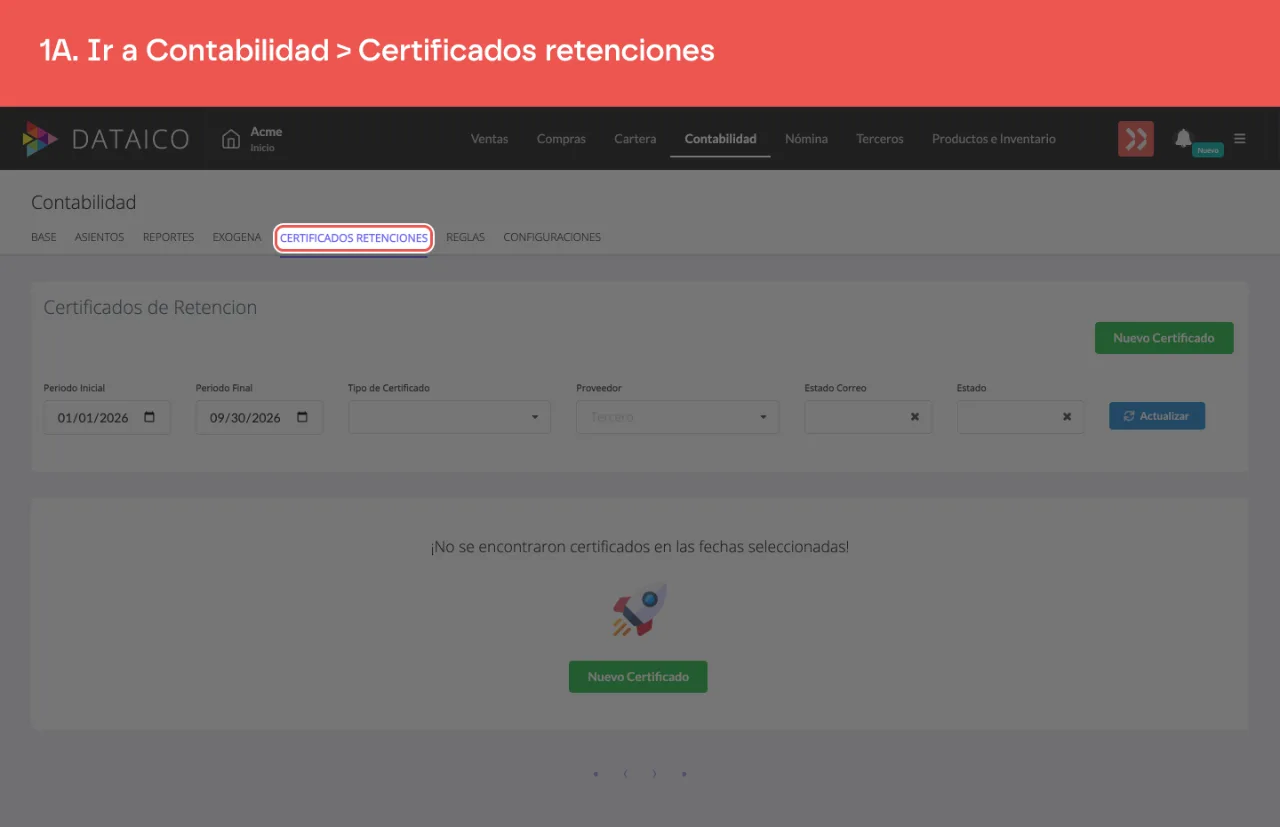 La pestaña Certificados Retenciones dentro de Contabilidad