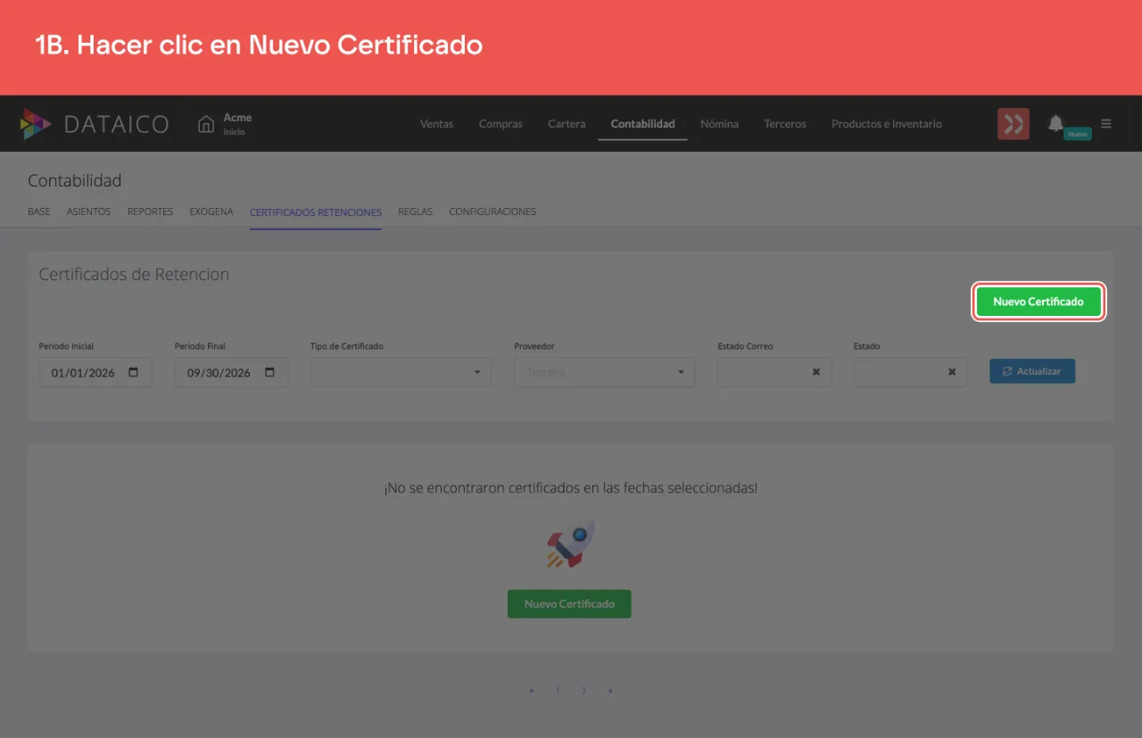 El botón Nuevo Certificado, arriba del listado