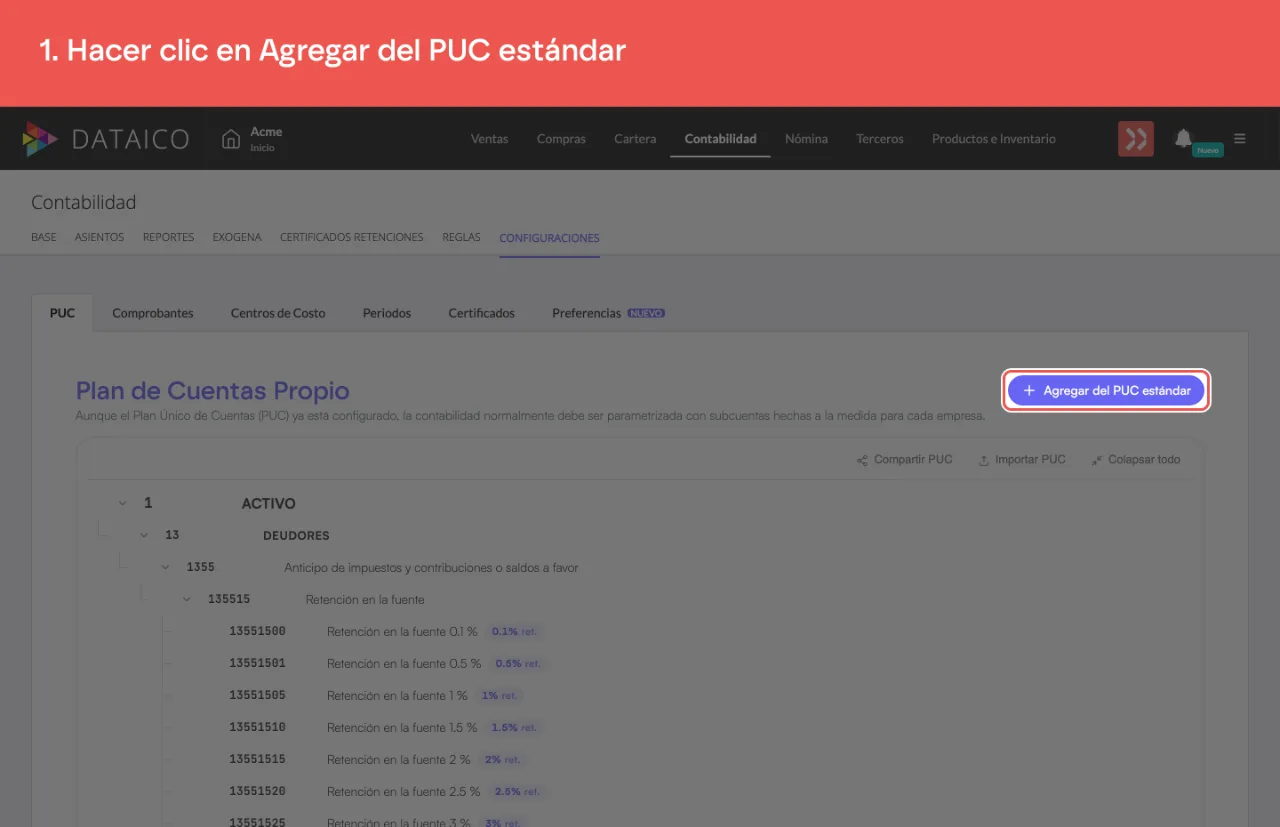 El botón Agregar del PUC estándar, en la barra superior del plan de cuentas