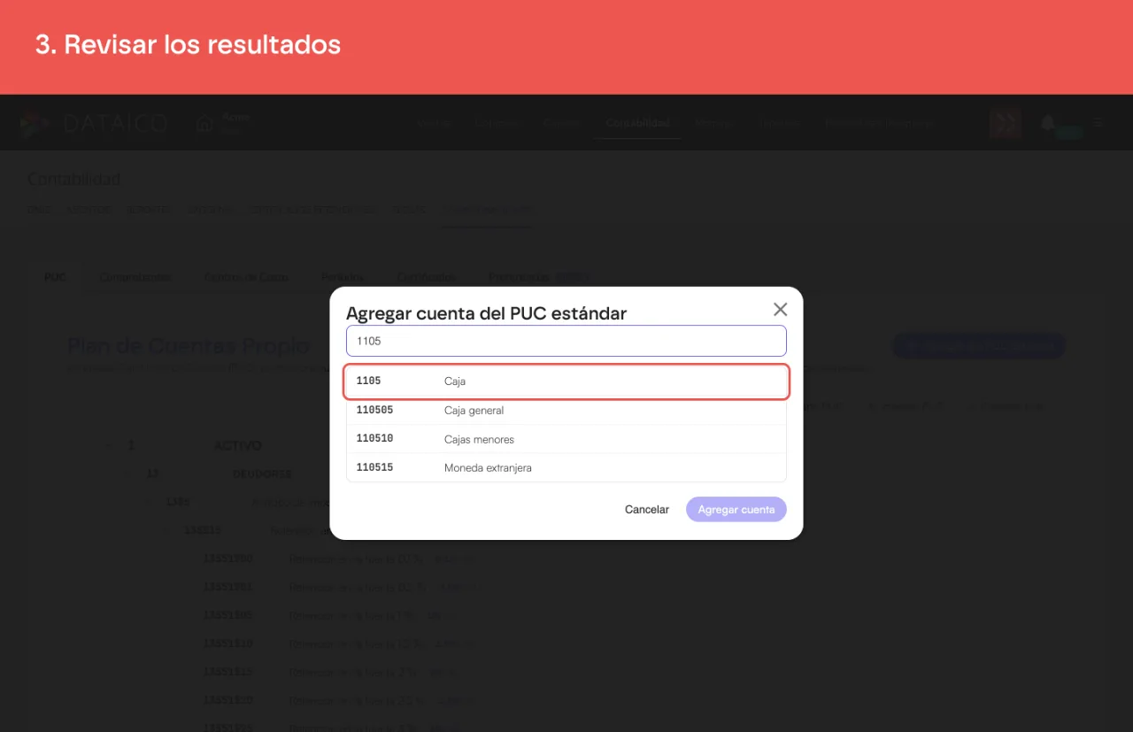 Un resultado del catálogo; las cuentas que ya están en el plan aparecen como ya agregada