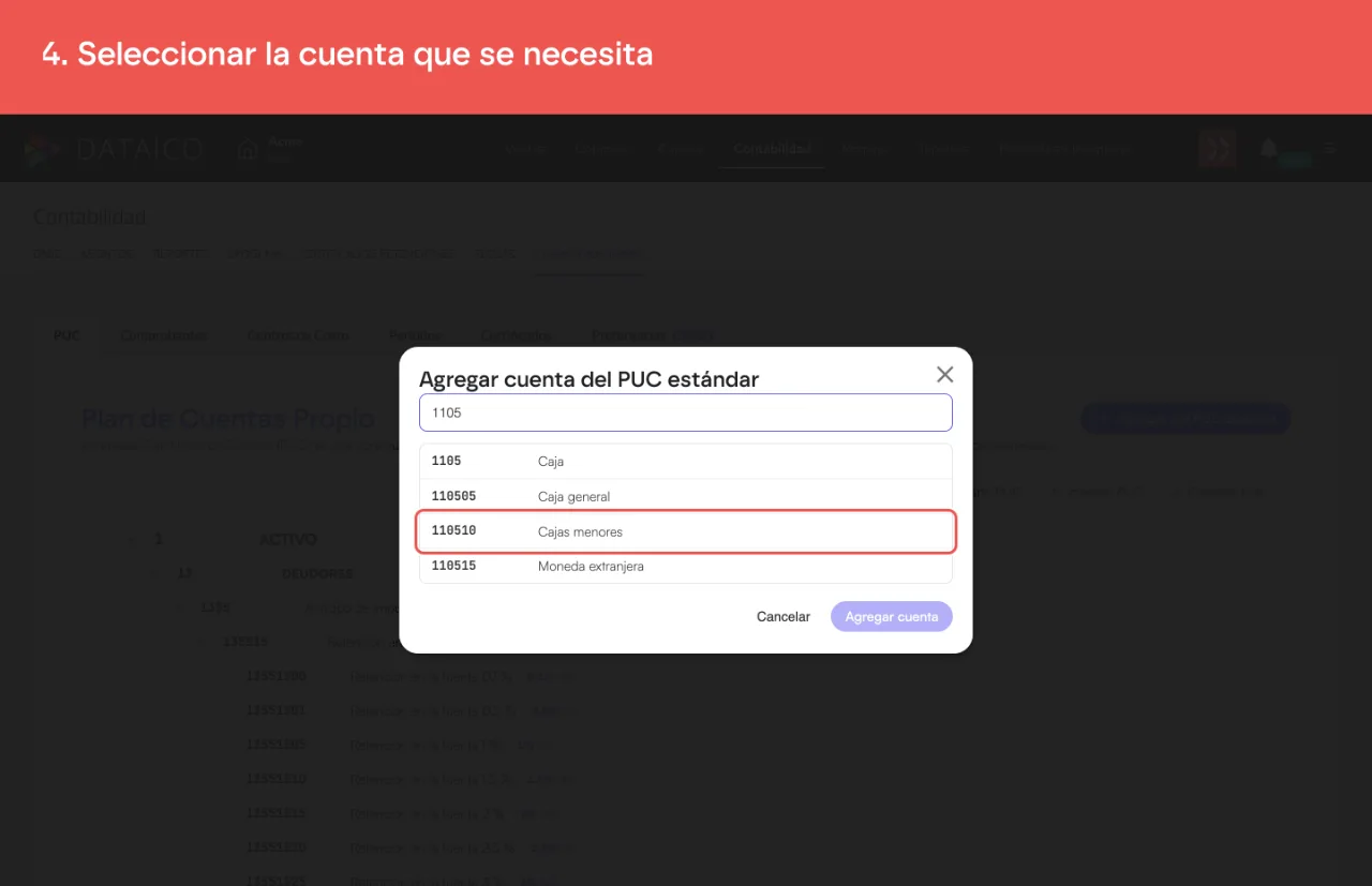 La cuenta seleccionada en el listado del catálogo