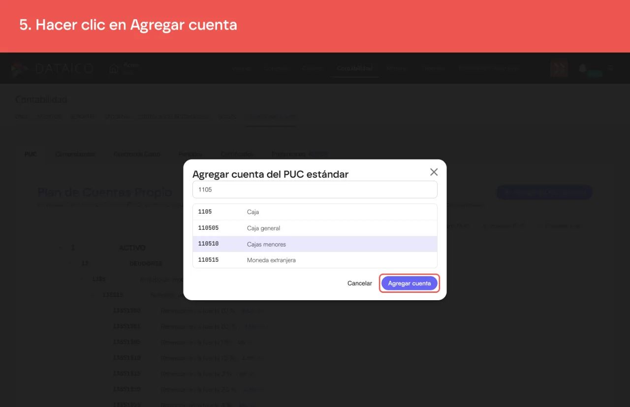 El botón Agregar cuenta del catálogo del PUC estándar