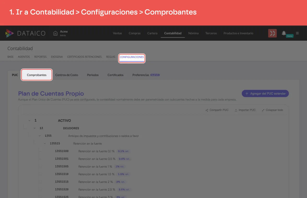 La sección Configuraciones de Contabilidad y la pestaña Comprobantes