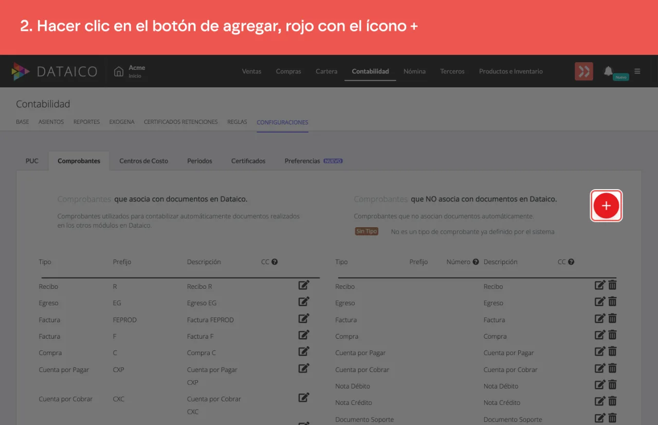 El botón rojo con el ícono + , arriba a la derecha