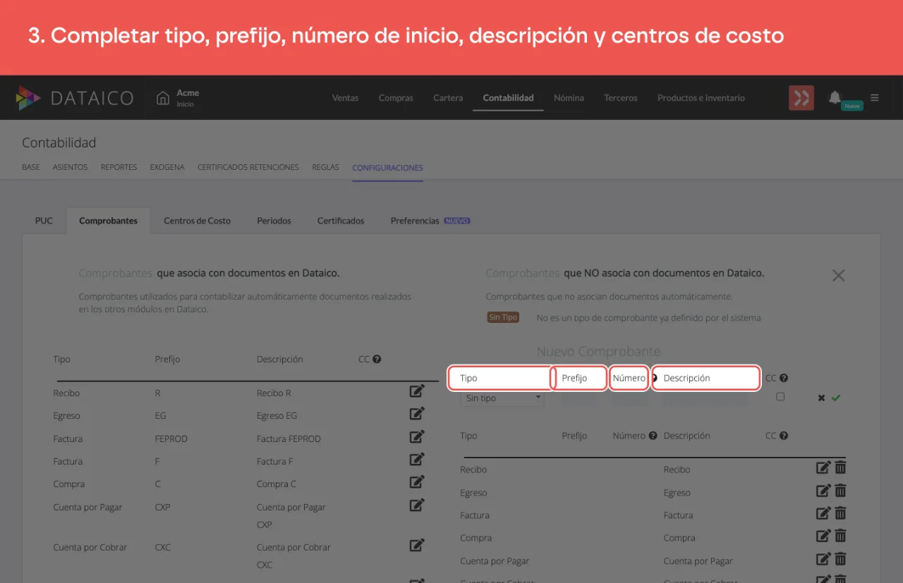 Las columnas de la fila nueva: tipo, prefijo, número, descripción y centros de costo