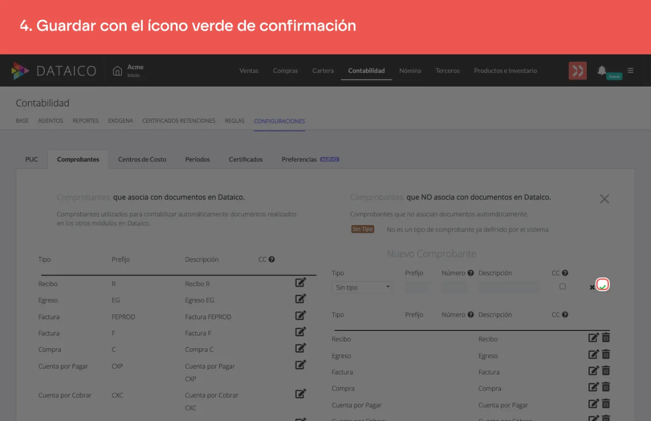 El ícono verde de confirmación, a la derecha de la fila nueva