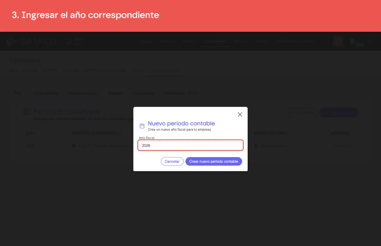 El campo Año fiscal del diálogo de nuevo periodo contable
