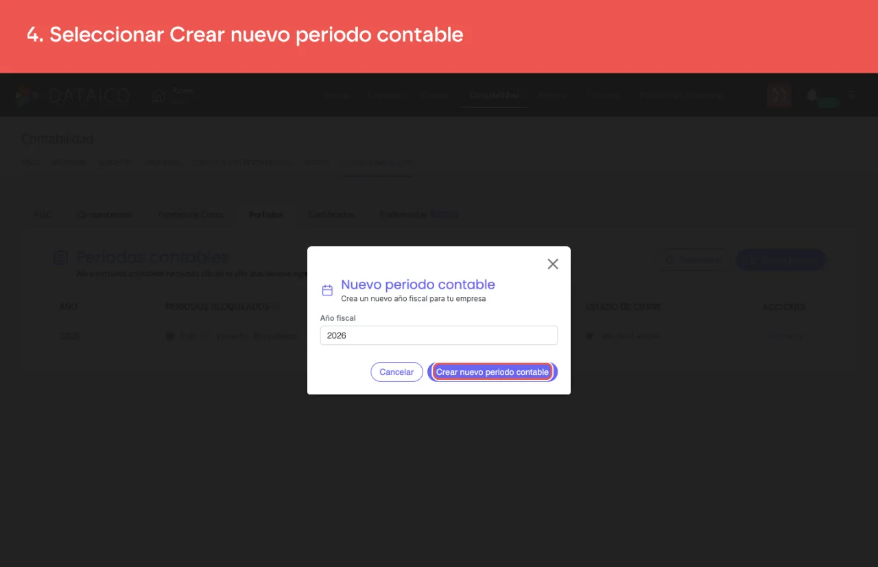 El botón Crear nuevo periodo contable del diálogo