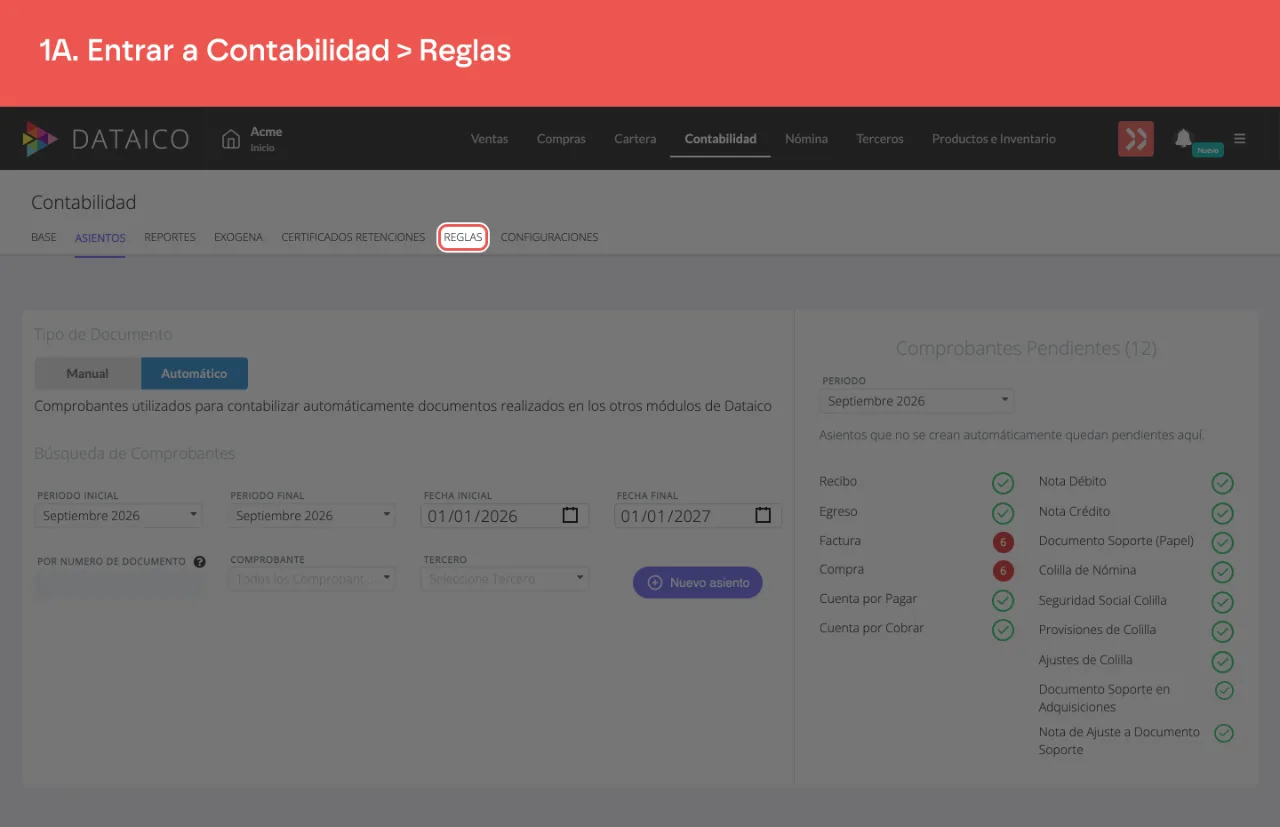 La pestaña Reglas del módulo de Contabilidad