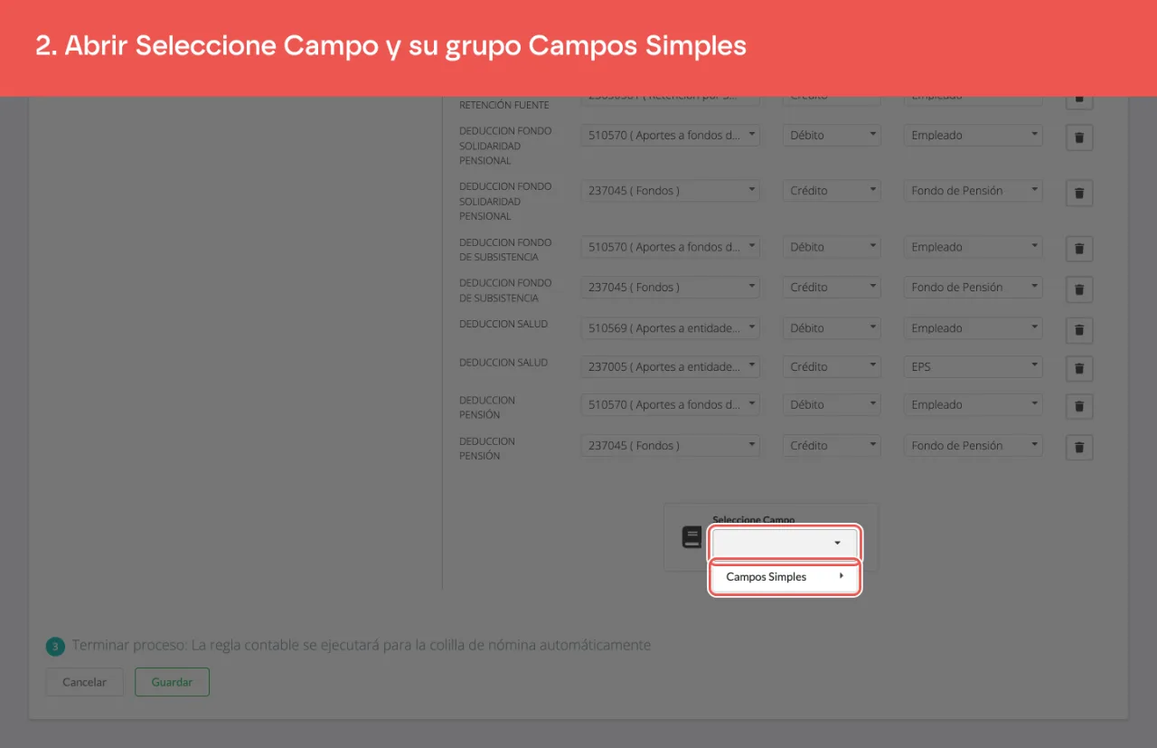 El selector de campo de la regla, con su grupo Campos Simples