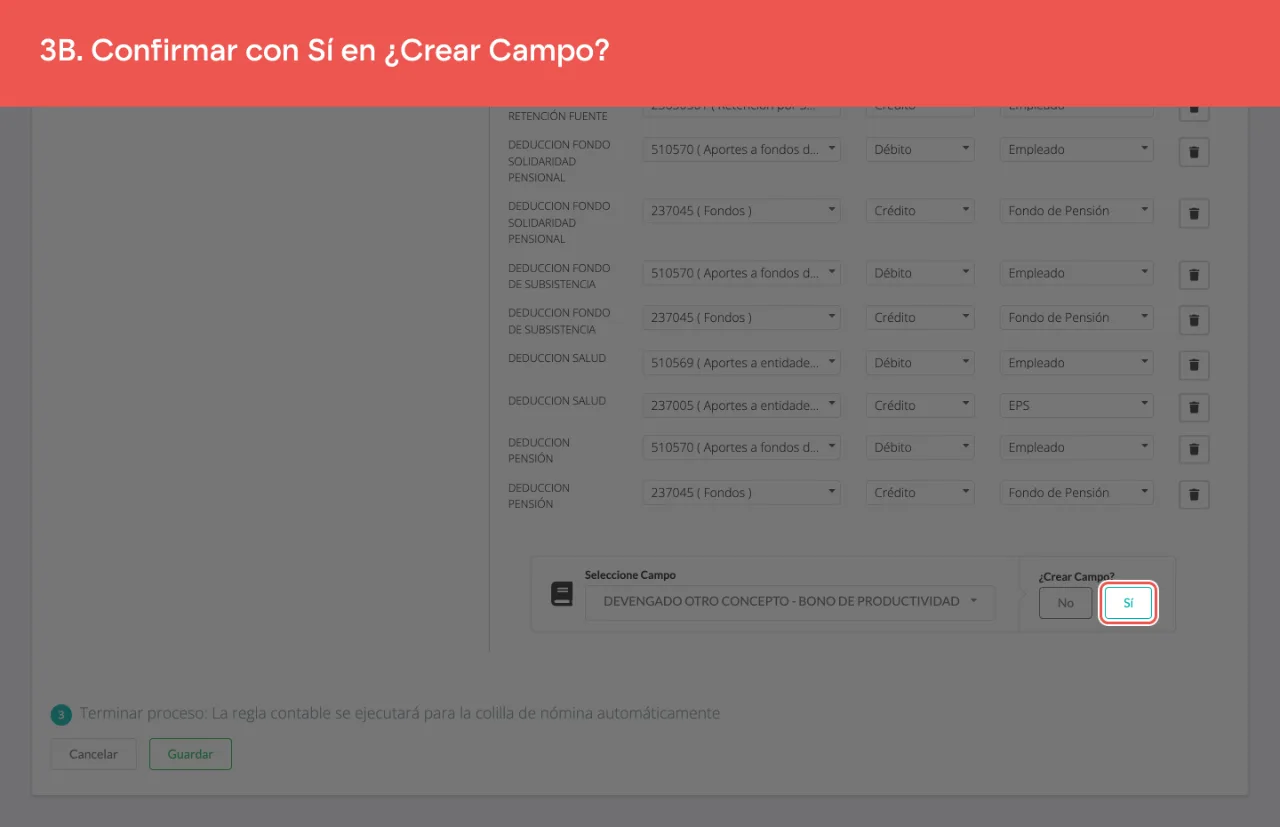 La confirmación ¿Crear Campo?, con sus botones No y Sí