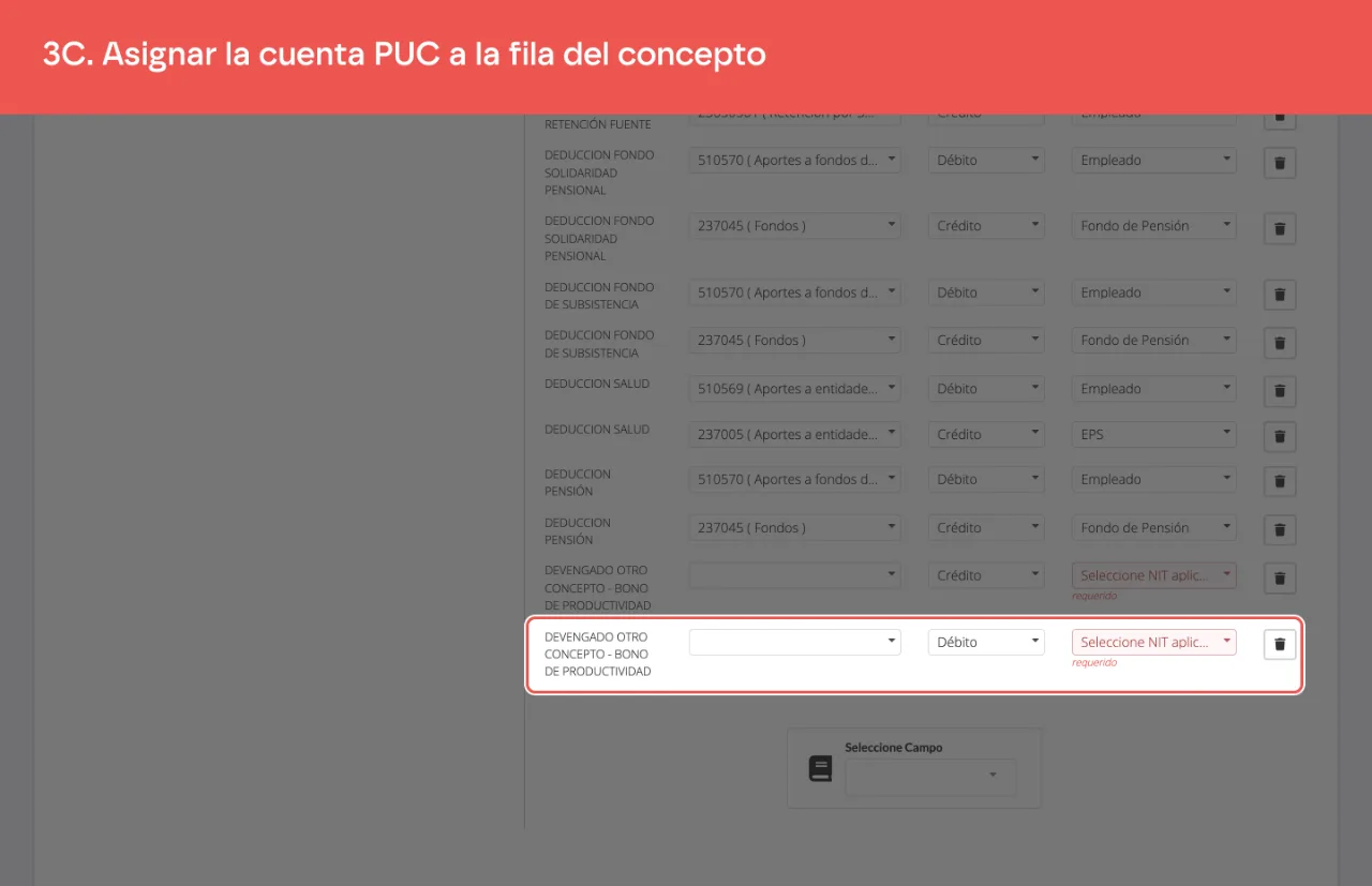 La fila del concepto recién agregado, con su cuenta, su naturaleza y su tercero