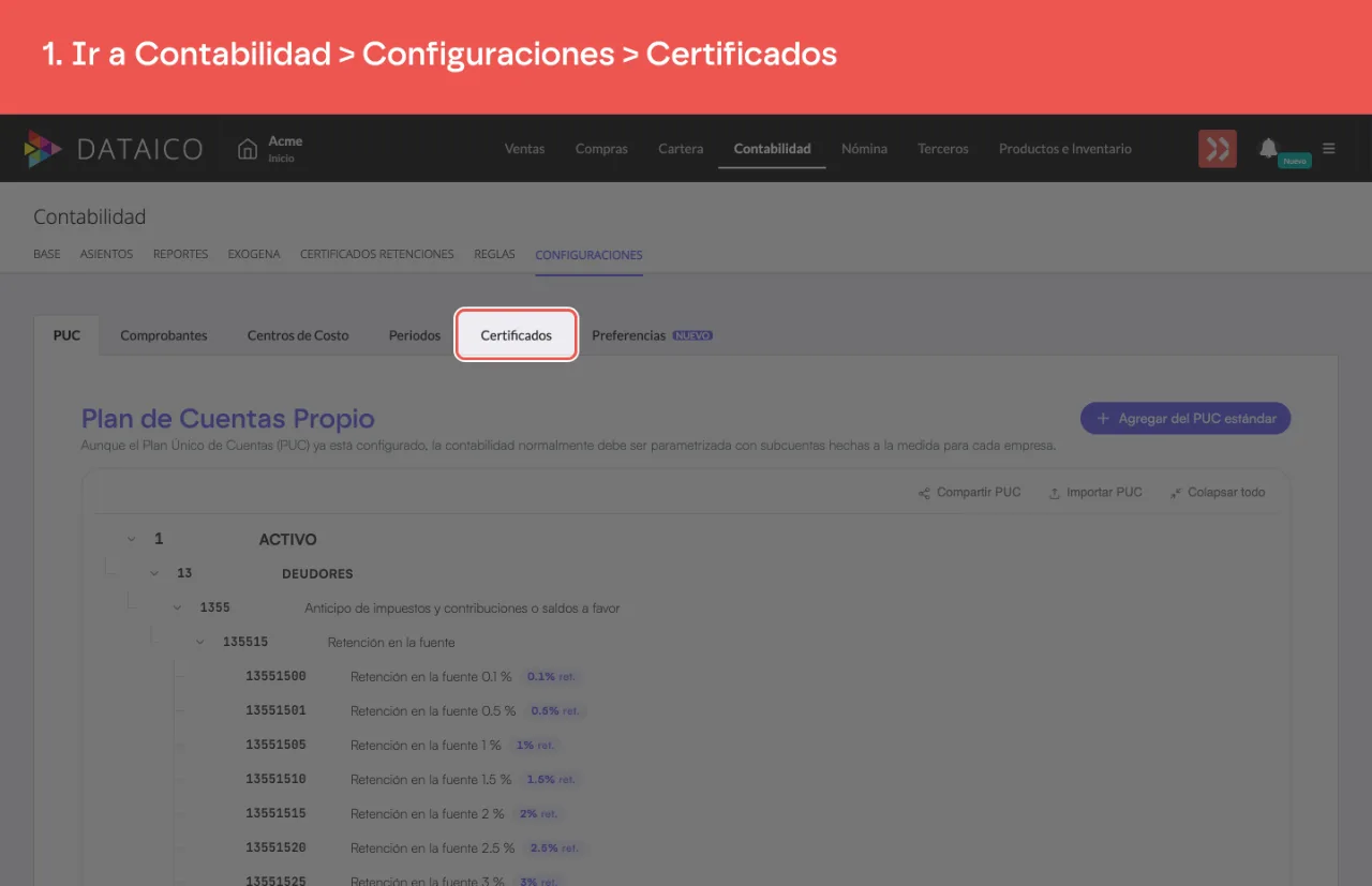 El listado de tipos de certificado, con sus columnas Cuenta inicial, Cuenta final y Valor