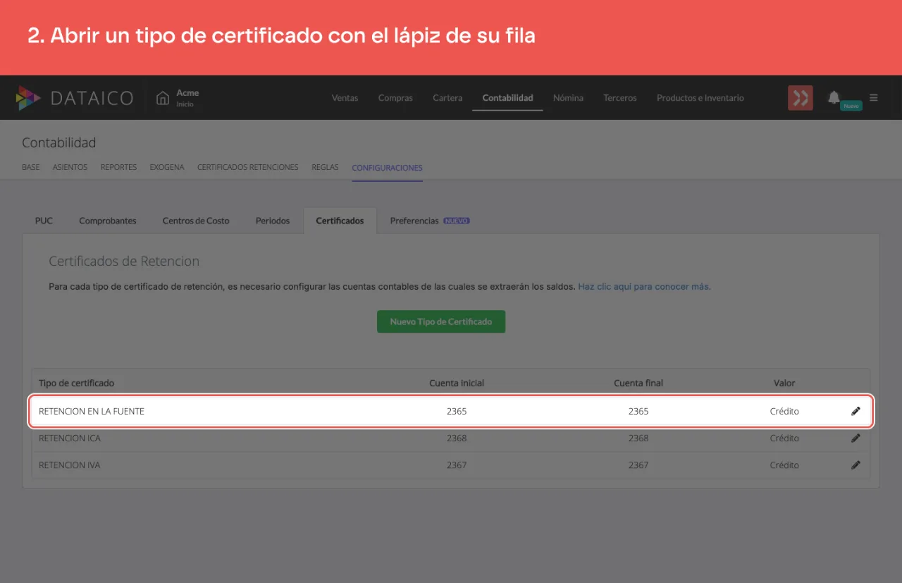 La fila de un tipo de certificado y el lápiz que la abre