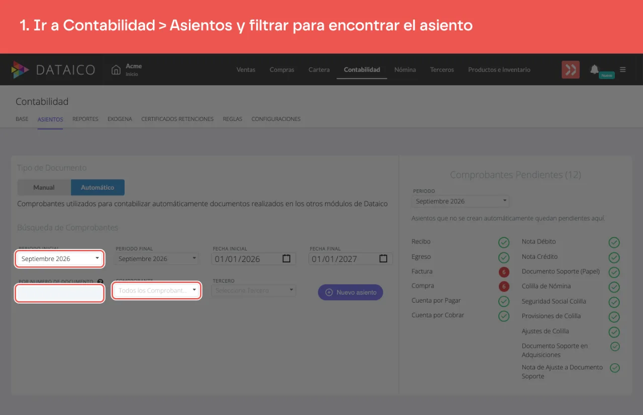 La barra de filtros del listado de asientos