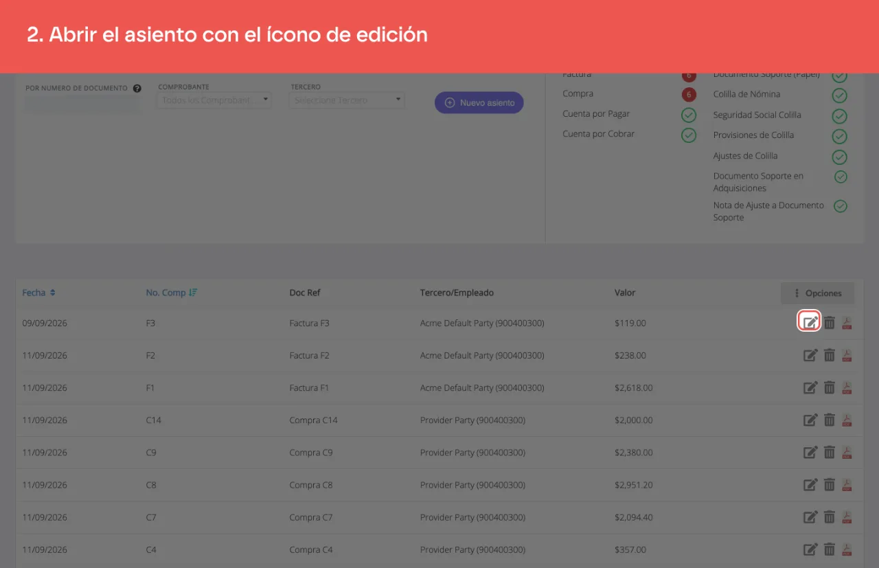 El ícono de lápiz en la primera fila del listado