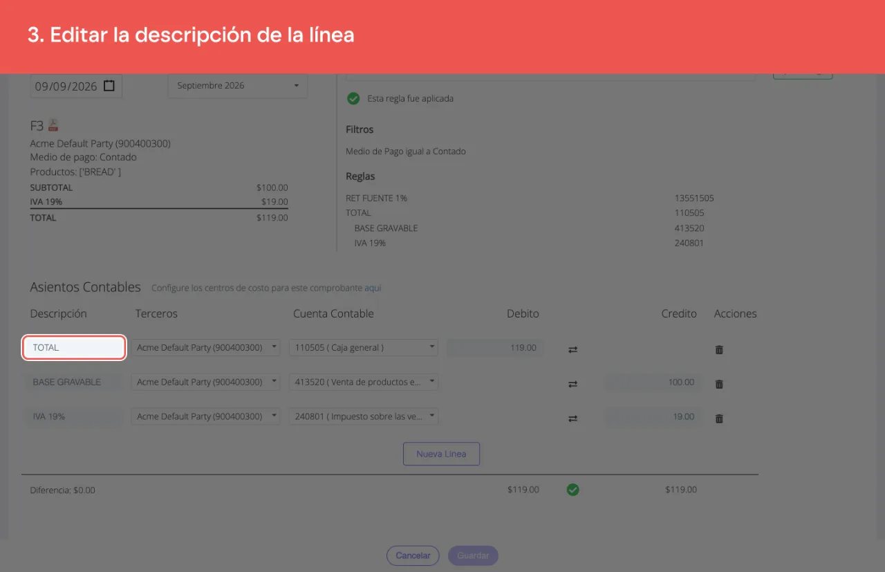 El campo Descripción de la primera línea del asiento