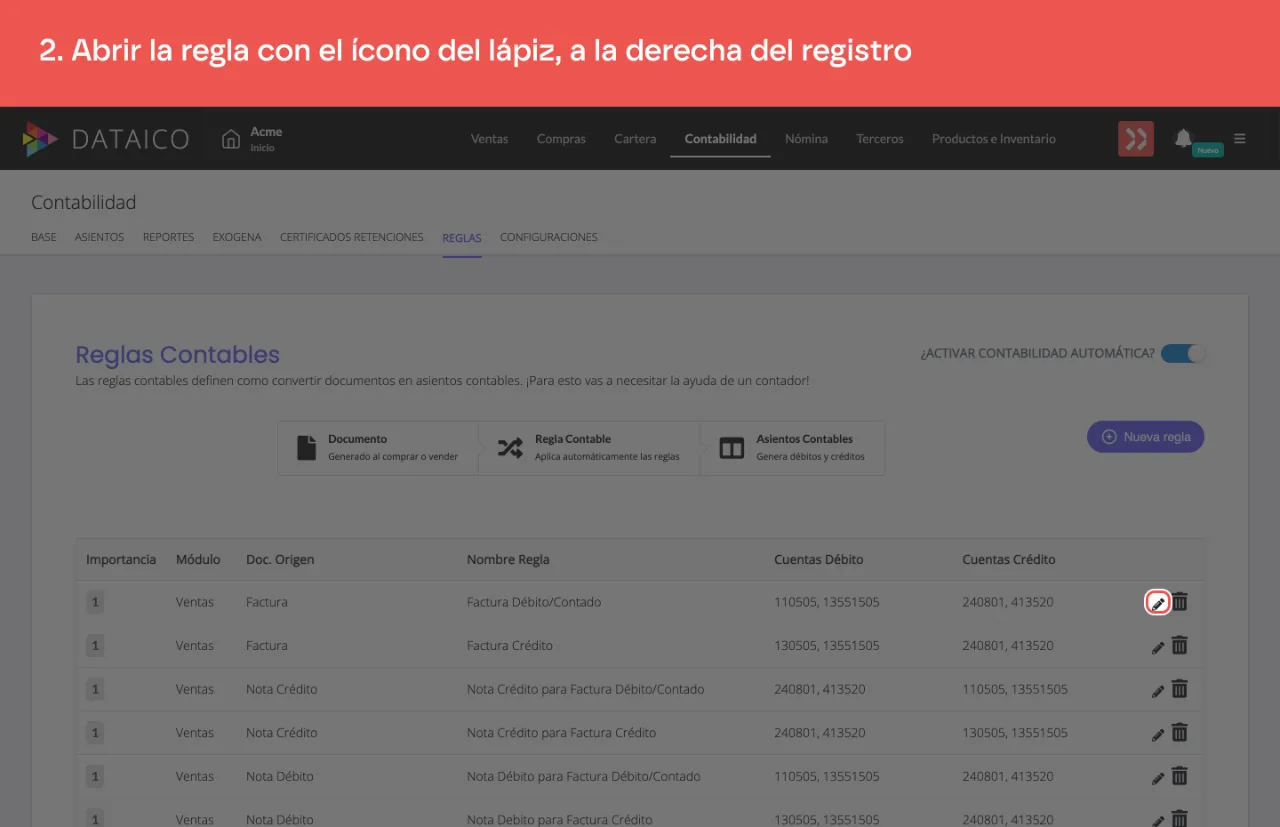 El ícono de lápiz en la primera regla del listado