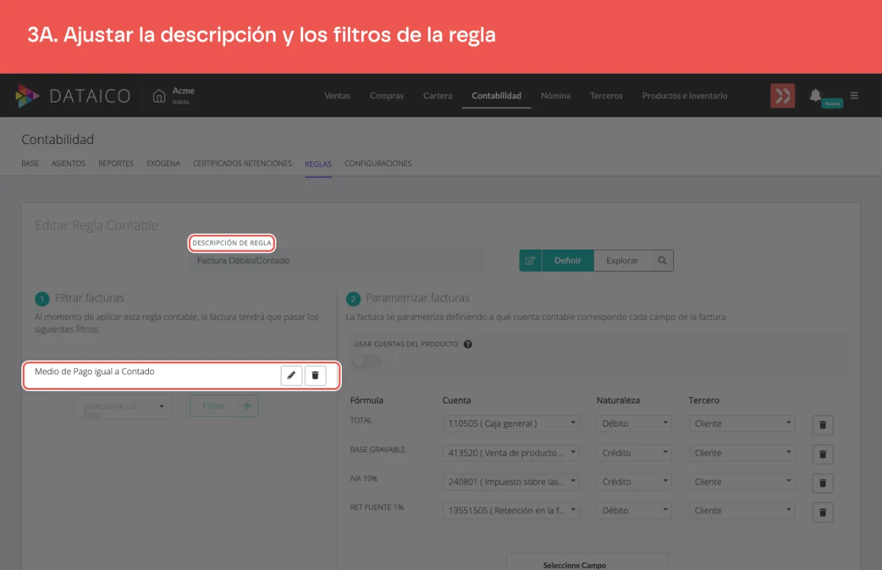 El campo de descripción de la regla y la fila de filtros