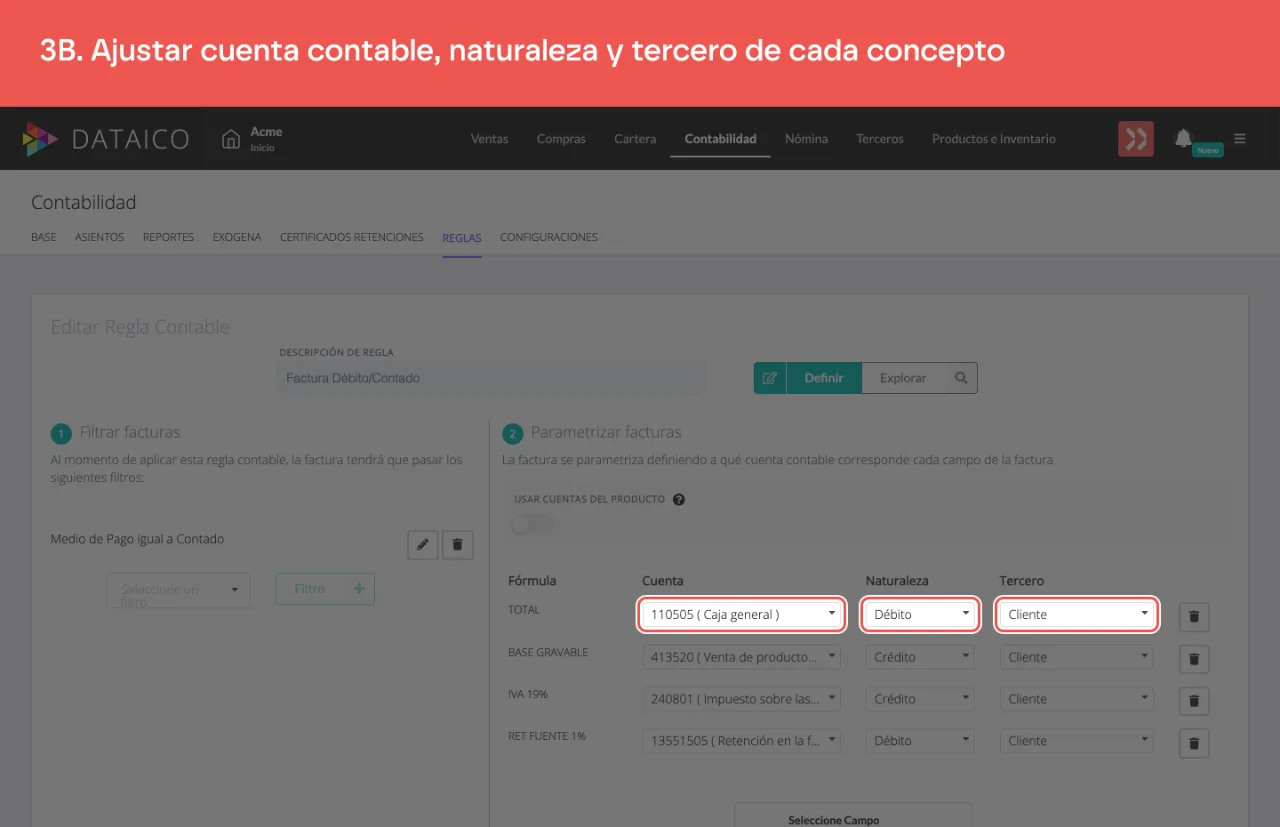 La primera línea de la regla: cuenta contable, naturaleza y tercero