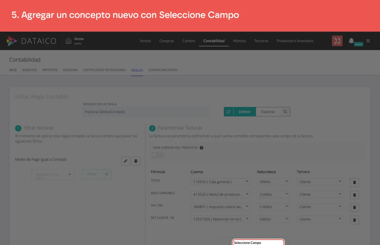 El selector para agregar un concepto, al pie de la regla