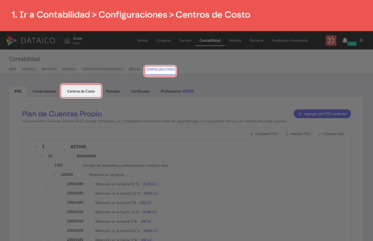 La sección Configuraciones de Contabilidad, en la pestaña Centros de Costo