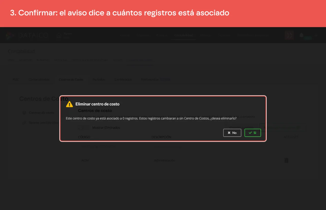 El aviso de eliminación, con la cantidad de registros asociados y el botón Si