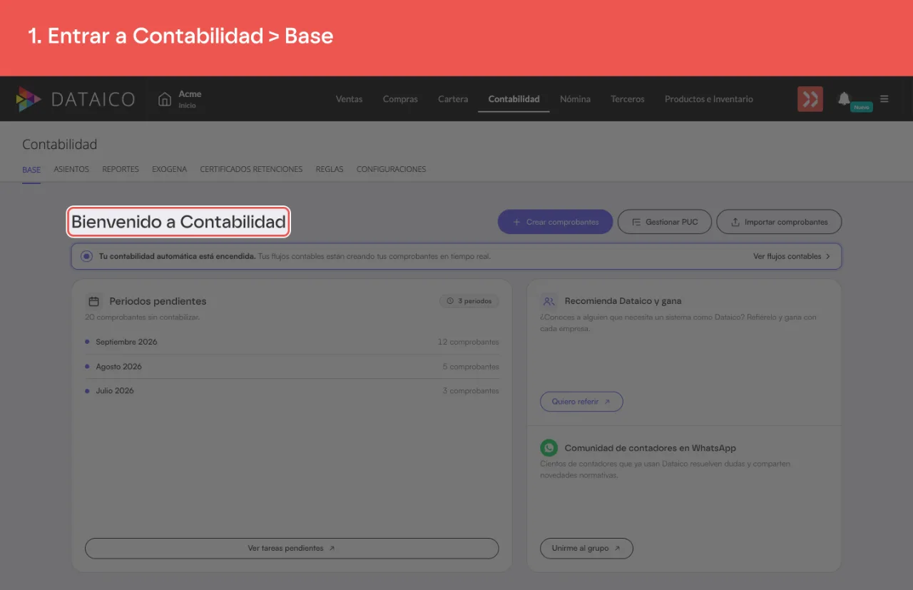 La pantalla de inicio del módulo de Contabilidad, con sus pestañas arriba