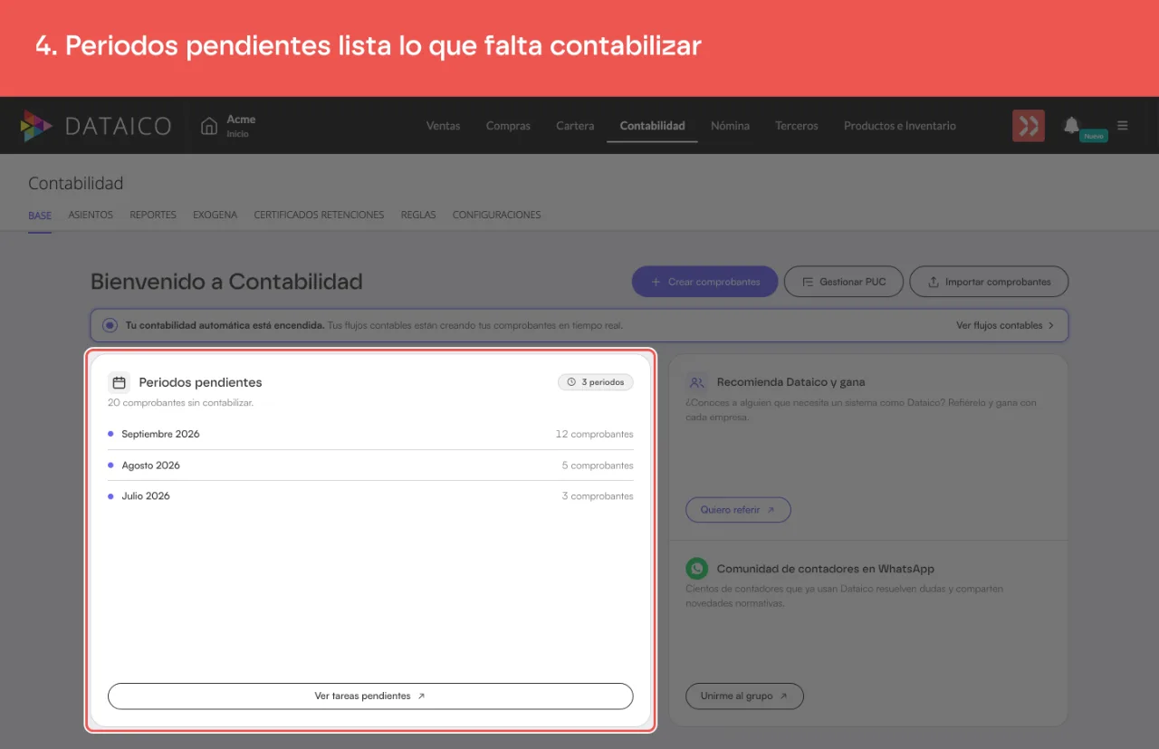 El panel Periodos pendientes, con un periodo por fila y su conteo de comprobantes