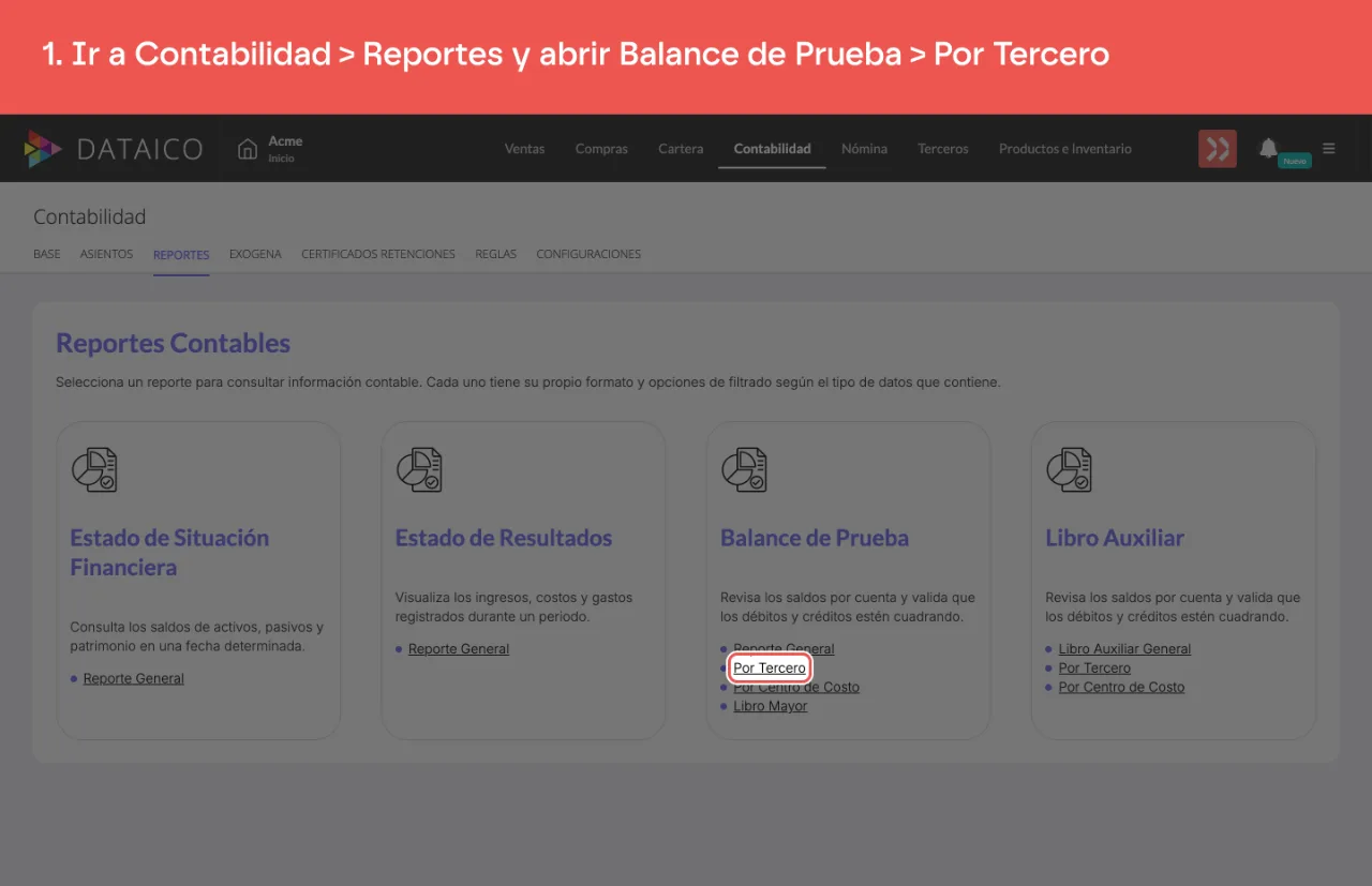El tipo de balance de prueba por tercero, dentro de su tarjeta