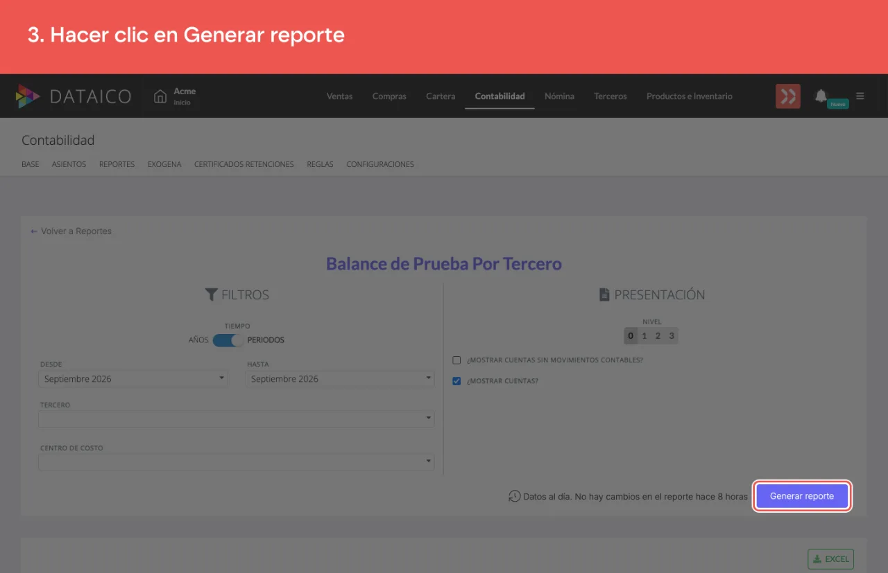 El botón Generar reporte, al pie de los filtros