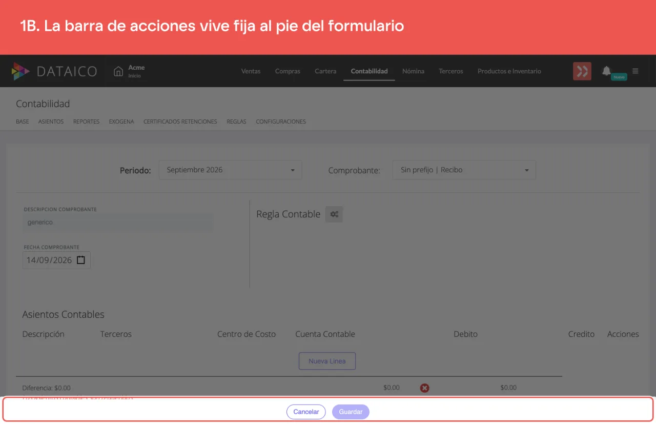 La barra de acciones, fija al pie del formulario de asiento