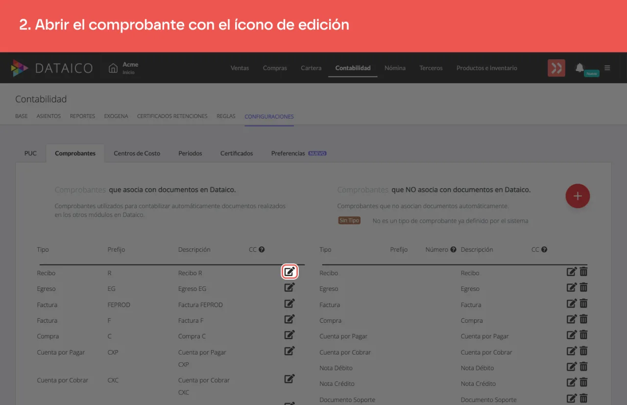 El ícono de lápiz en la fila del comprobante