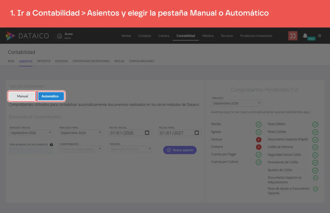 Las pestañas Manual y Automático, arriba del listado de asientos