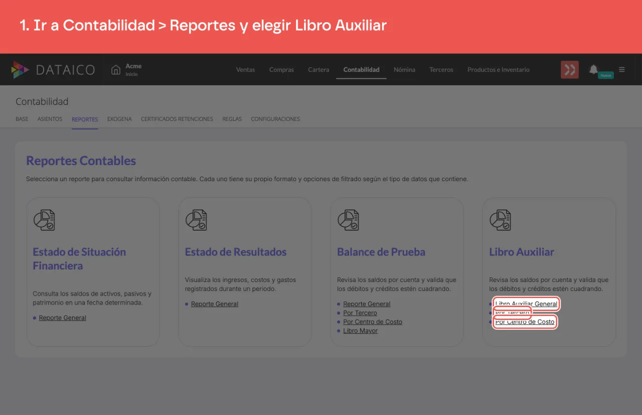 Los tres tipos de libro auxiliar dentro de su tarjeta: general, por tercero y por centro de costo