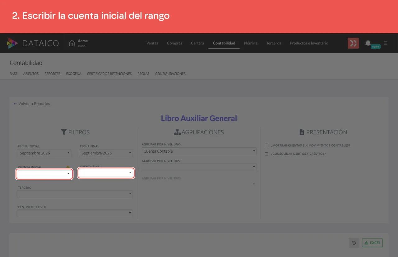 El rango de cuentas del libro auxiliar, obligatorio y con buscador