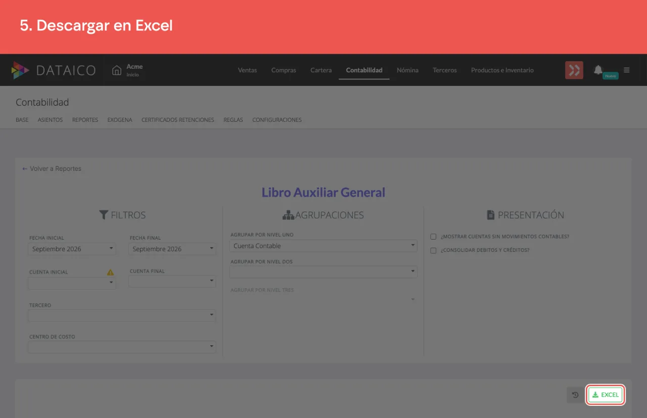 El botón verde de descarga a Excel, arriba del reporte