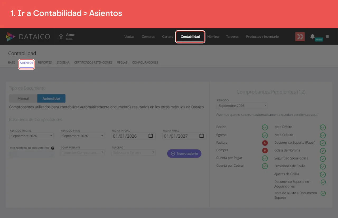 La pestaña Contabilidad del menú principal y, dentro, Asientos