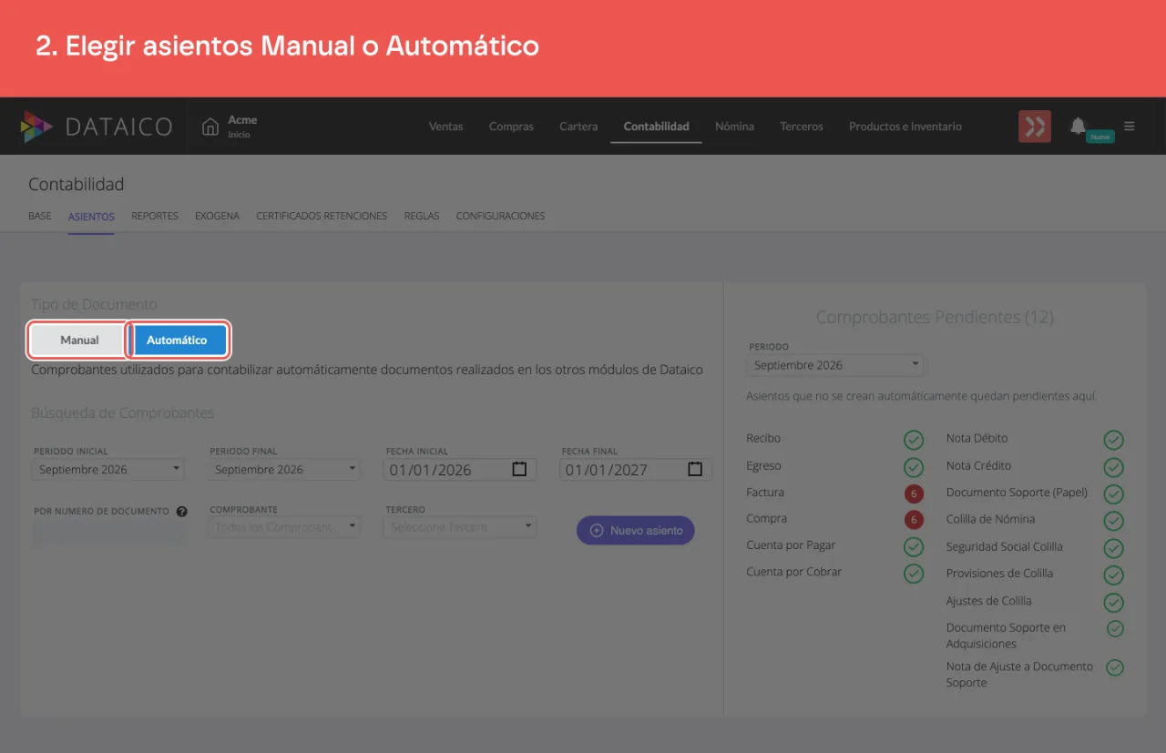 Las pestañas Manual y Automático del listado de asientos