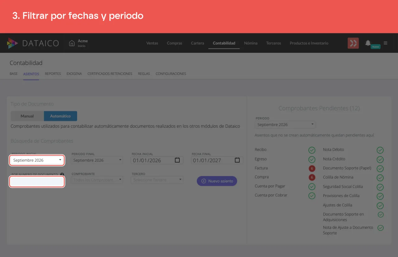 Los filtros de periodo y número de documento del listado