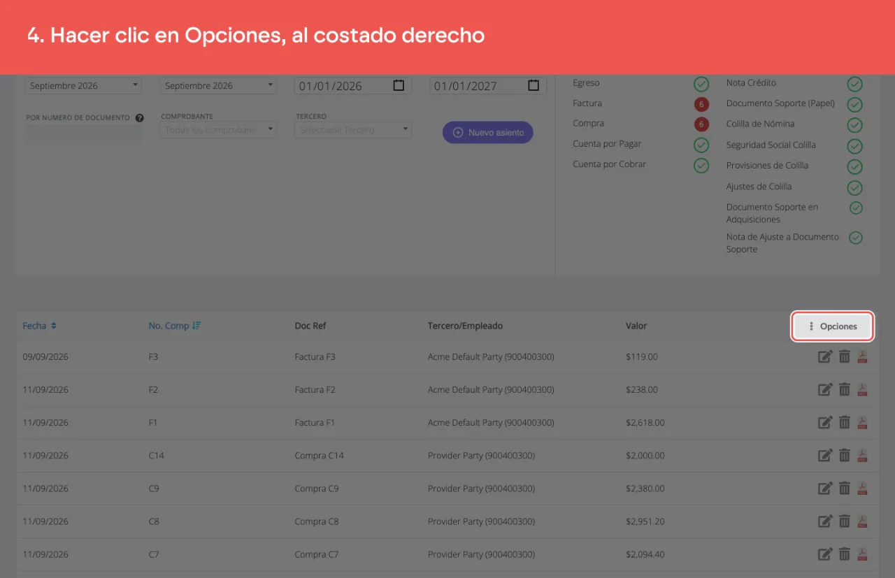 El botón Opciones, a la derecha del listado