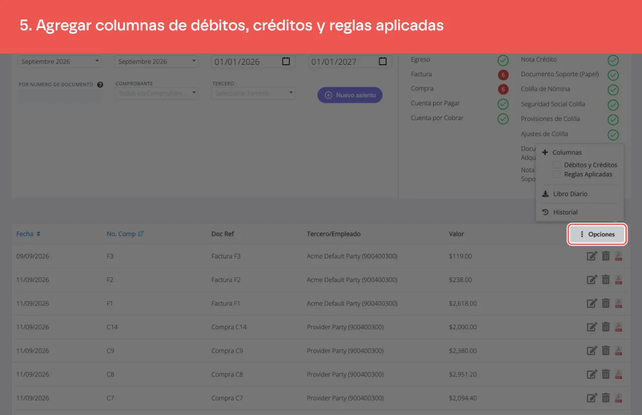 El menú de Opciones, que agrega columnas al listado