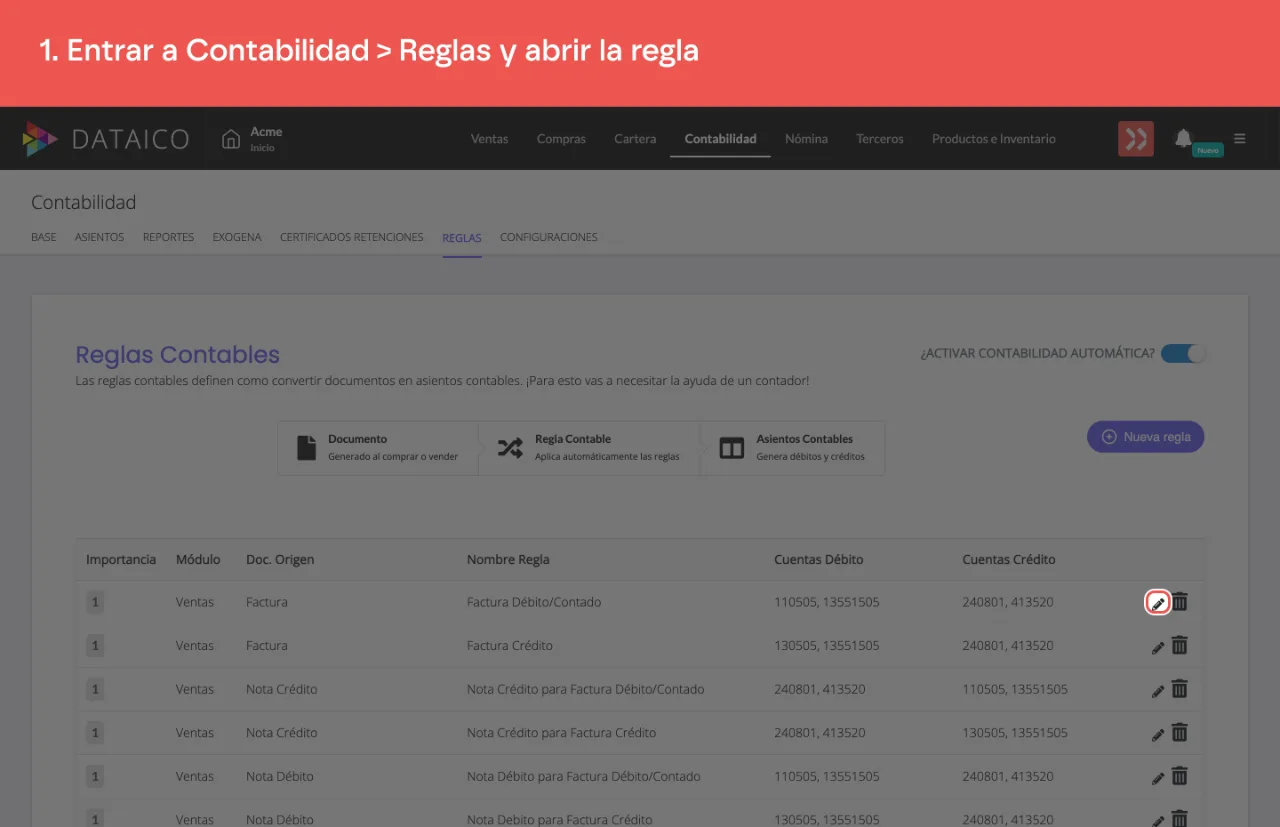 El ícono de lápiz en la fila de la regla de factura
