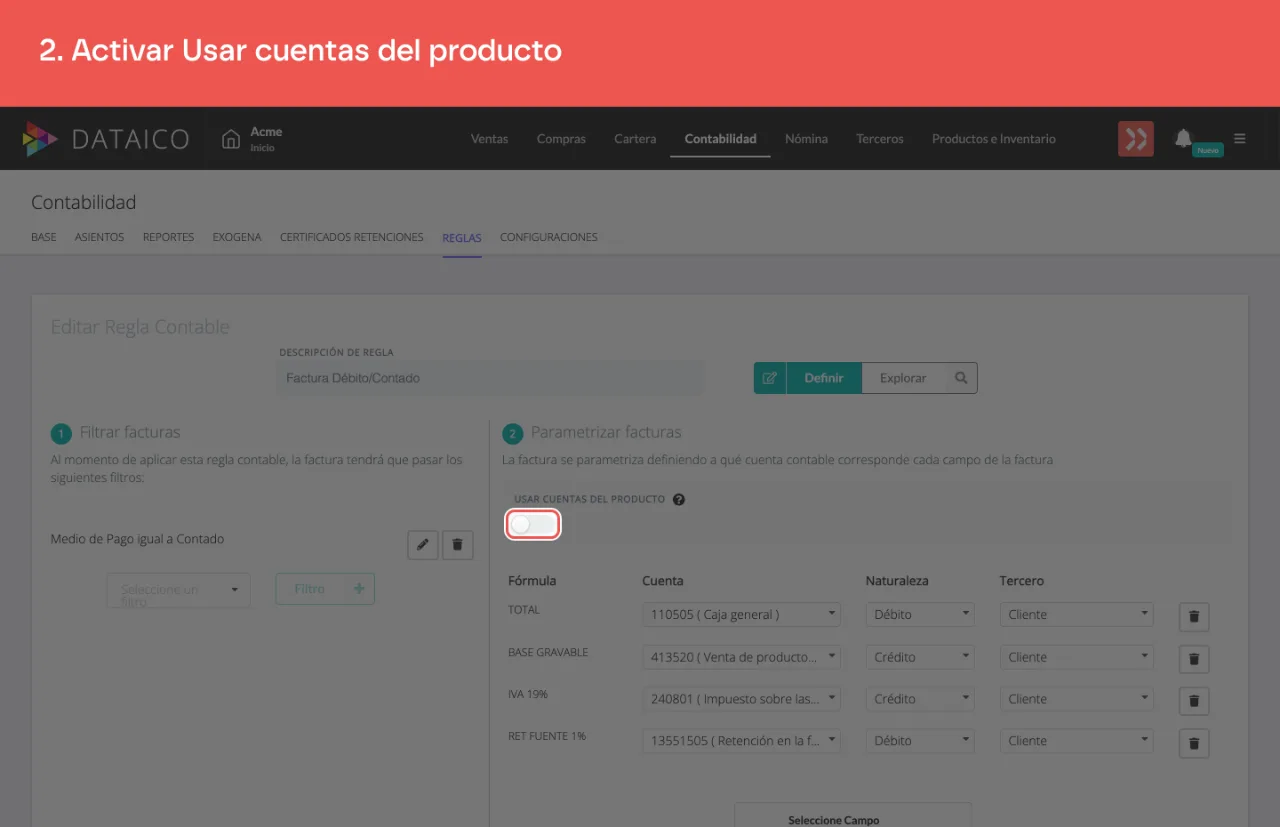 El interruptor Usar cuentas del producto, arriba de la tabla de parametrización